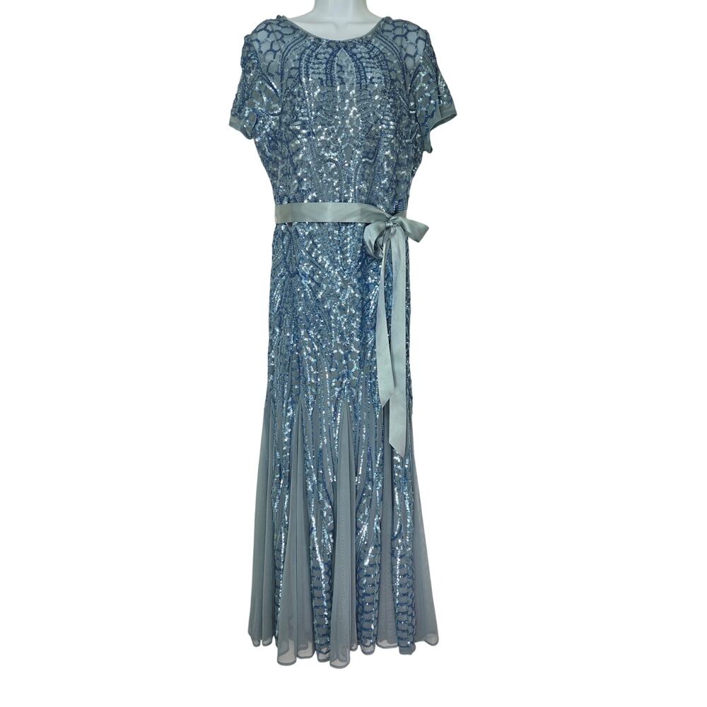 R & M Richards Mesh Sleeveless Embroidered Sequin Godet Belted Long Dress Sz 14